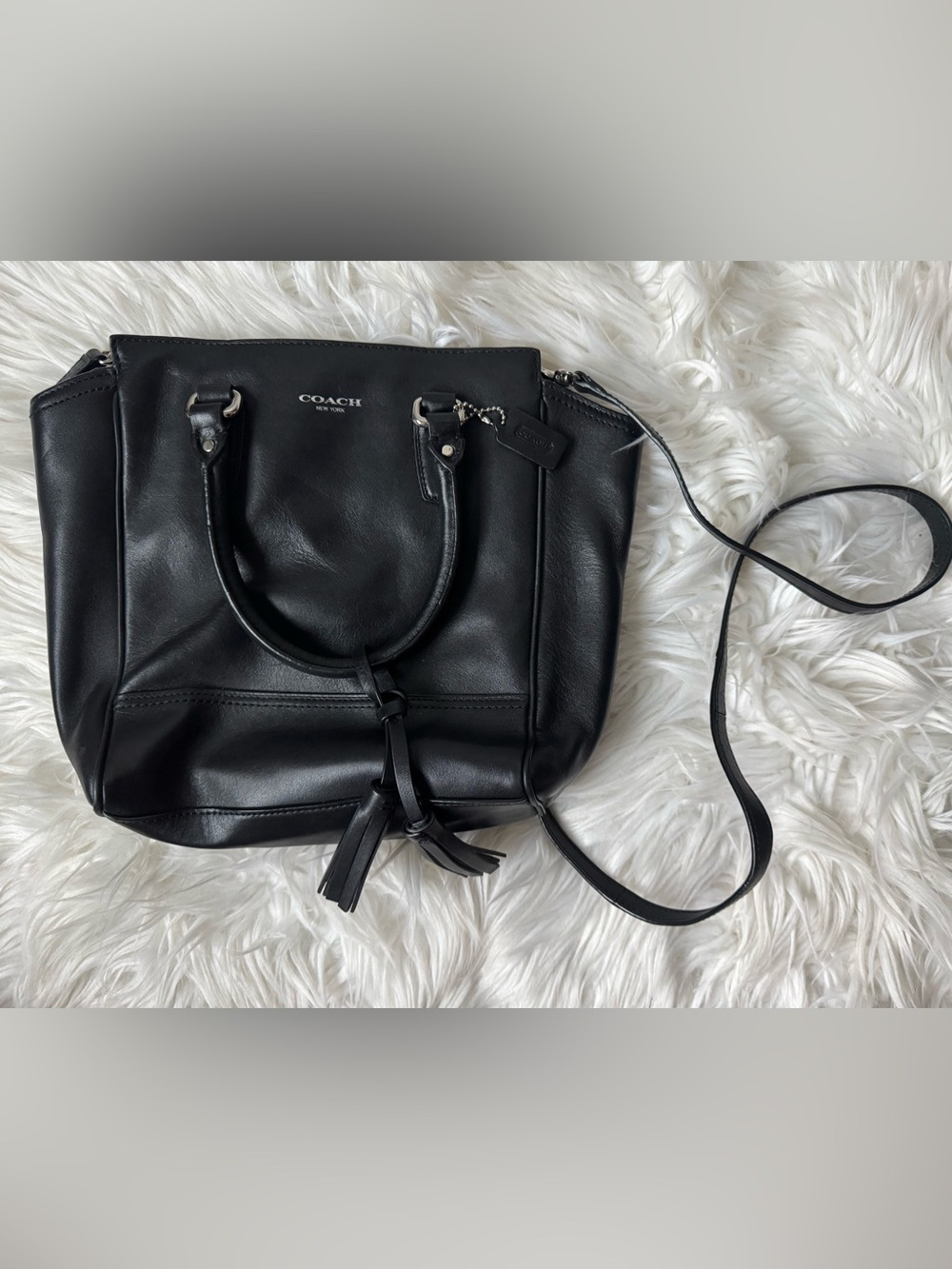 Coach Black Leather Shoulder Tote with Tassel Charm